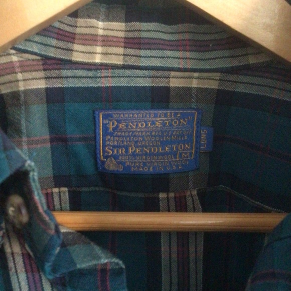 PENDLETON WOOL BLUE PLAID BUTTON DOWN SHIRT Size M-Long Made in USA - Picture 2 of 10